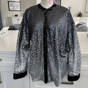 Johnny Was Bohemian Button Down Sequined Jacket Velvet Trim Blk Grey Silv Sz XL